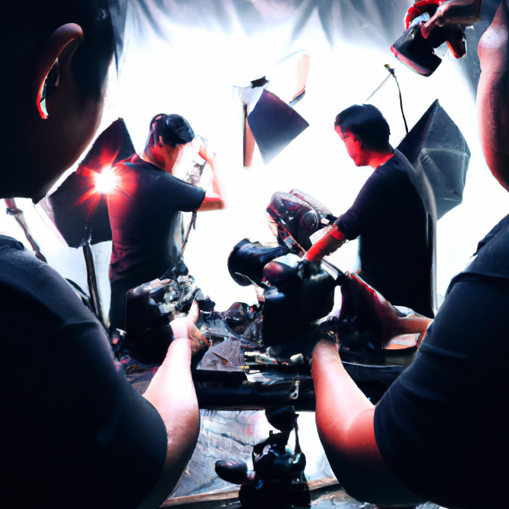 Ajuste de luces en softbox grande, asistente elevando boom